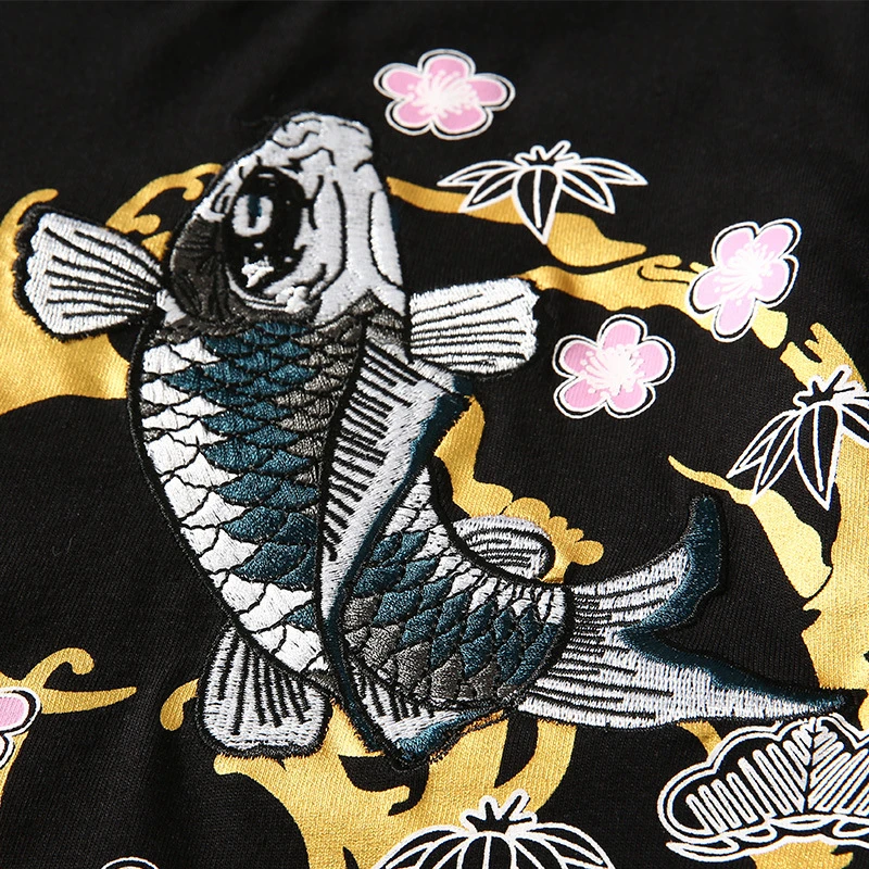 Lyprerazy Retro Japan Embroidery T Shirt Koi Fish Print White Tops Tees Summer Harajuku Men Hip Hop Tshirt Streetwear T-Shirt