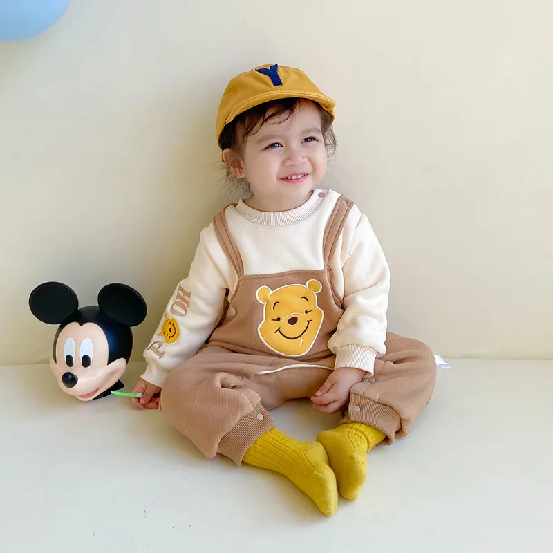 Winnie the Pooh Baby Boy Onesie Winter Thickened Warm Fake Two Piece Infant Romper Newborn 0-1 years Bodysuits Clothes