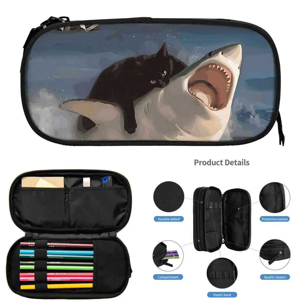 

A Cat Riding A Shark On The Sea Pencil Cases for Students School Pen Box Pencil Bag Large Capacity Pencil Pouch