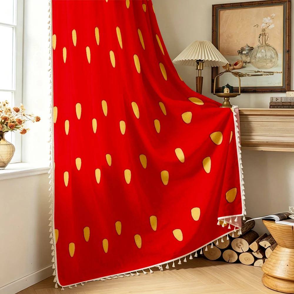 1PC Farmhouse Tassel Sheer Curtains, Strawberry Seed, Digital Print, Linen Polyester, for Bedroom Living Room Window, Room Decor