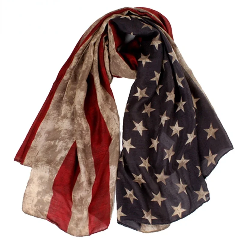 

[Visual Axles] Fourth July American Independence Day Womens' Vintage Printing USA Flag Scarf Plus Size 180cm*90cm