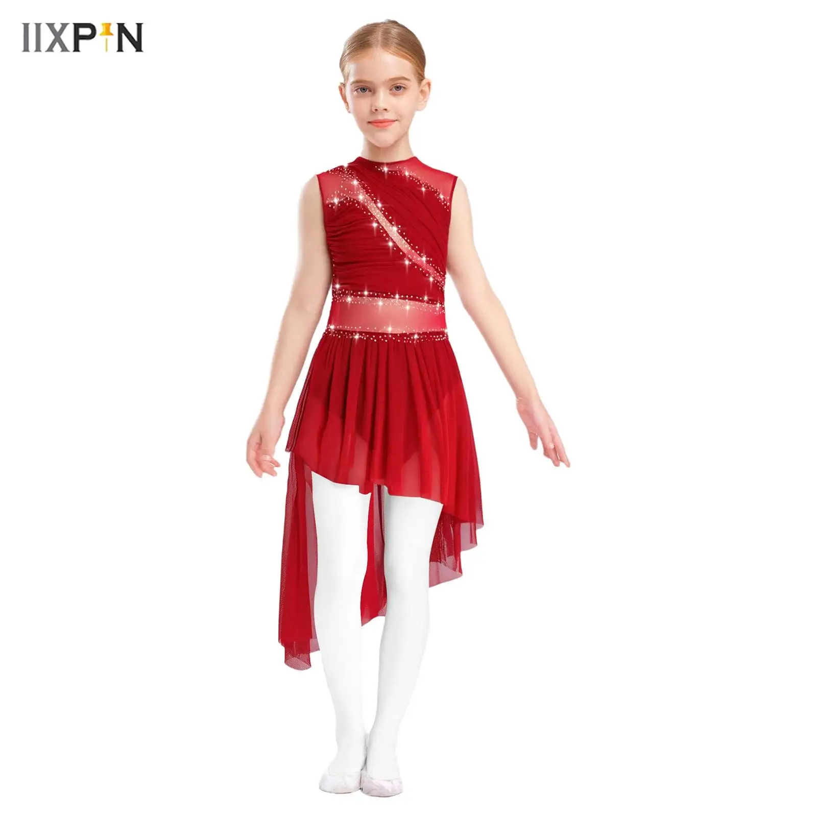 

Kids Girls Figure Skating Lyrical Dance Dress Sleeveless Rhinestone Sheer Mesh Asymmetrical Hem Dress with Built-in Briefs