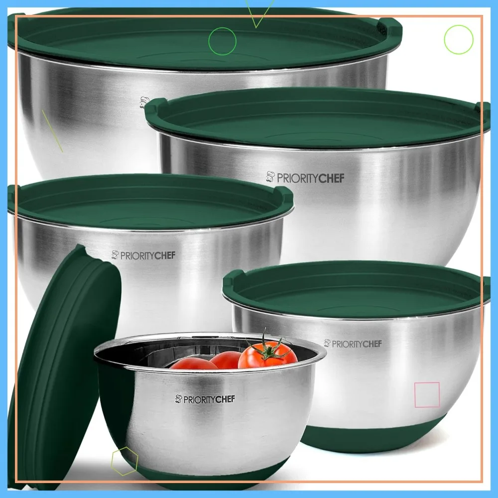 

Набор премиальных мисок для смешивания из нержавеющей стали с герметичными крышками, зеленые кухонные миски для подготовки продуктов, 1.5-5 кварт