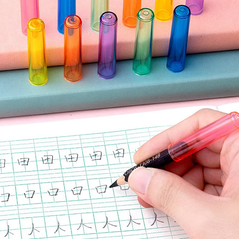 6PCS Transparent Candy Color Plastic Pencil Extender Pen Protector Cap Pencil Cap Pencil Cover For Student Children Stationery