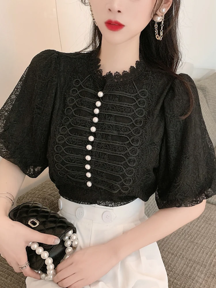 Zoki Chic Puff Sleeve Sweet Lace Blouse Women Elegant Korean Design Shirt Casual Fashion Female Pearl Buttons O Neck Tops New