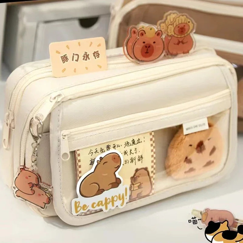 2026 Capybara Pencil Case Large Capacity Pencil Pouch With Brooches stickers clips keychains School Supplies Stationery gift