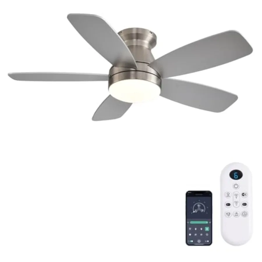 Ceiling Fans with Lights, 42 Inch Low Profile Ceiling Fan with Light and Remote/App Control, Flush Mount, Reversible, 3CCT, Dim