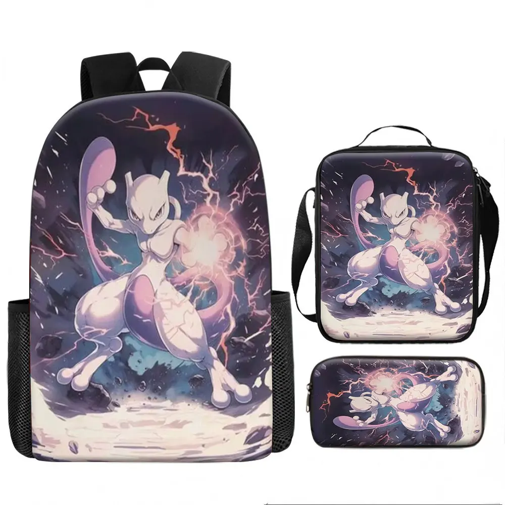 Kids Bag Pokémon Mewtwo 3pcs Backpack Set Anime Print Breathable Shoulder Bag Lunch Box Pencil Case for Boys Girls School