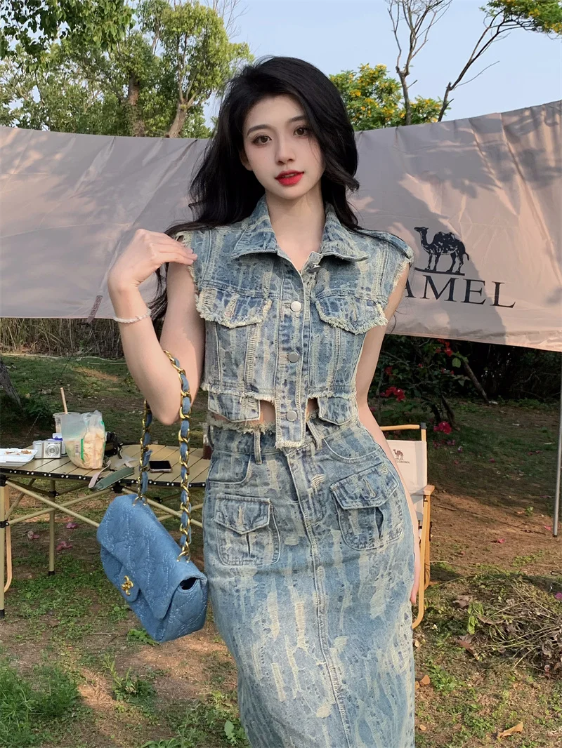 

2024 New Vintage Summer Two Piece Skirt Sets Denim Sleeveless Vest Tops + High Waist Slim Midi Skirt Distressed Outfits Female