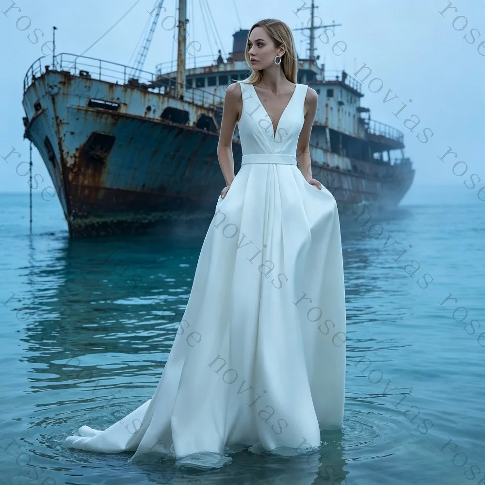 Customized Elegant Satin A-line Wedding Dresses with Deep V-neck for Modern Bridal Style 2026 Fashion Minimalist Bridal Gown