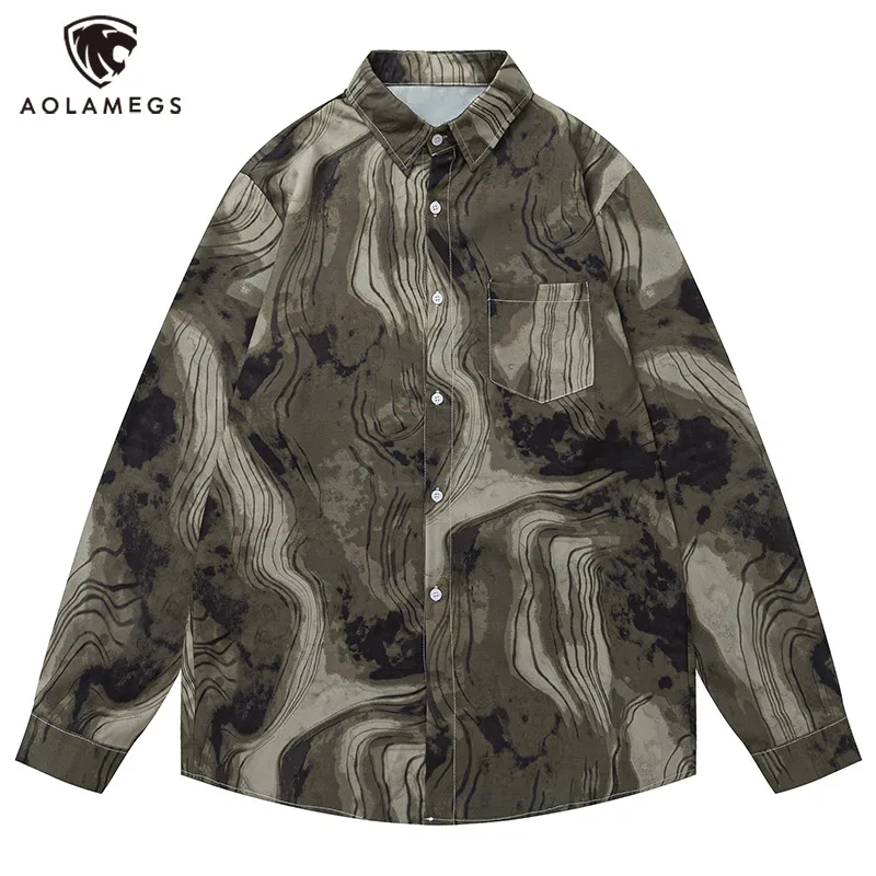 

Men's Shirts Irregular Abstract Lines Print Blouse Early Autumn Light Luxury Design Tops Hong Kong Style Handsome Tie-Dye Coats