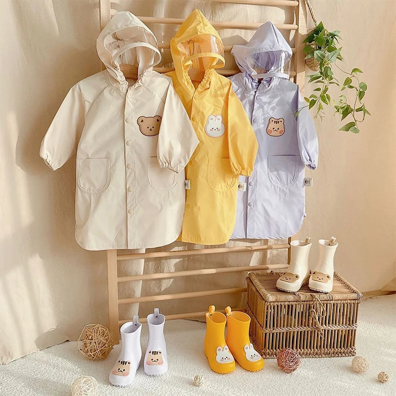 Korean Hooded Kids Raincoat Cartoon Waterproof Children Foldable Reuse-Able Rain Coat Kindergarten Outer Clothes Rainwear Poncho