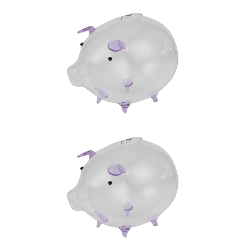 2X Pig Piggy Bank Money Boxes Coin Saving Box Cute Transparent Glass Souvenir Birthday Gift For Children Kids-Purple