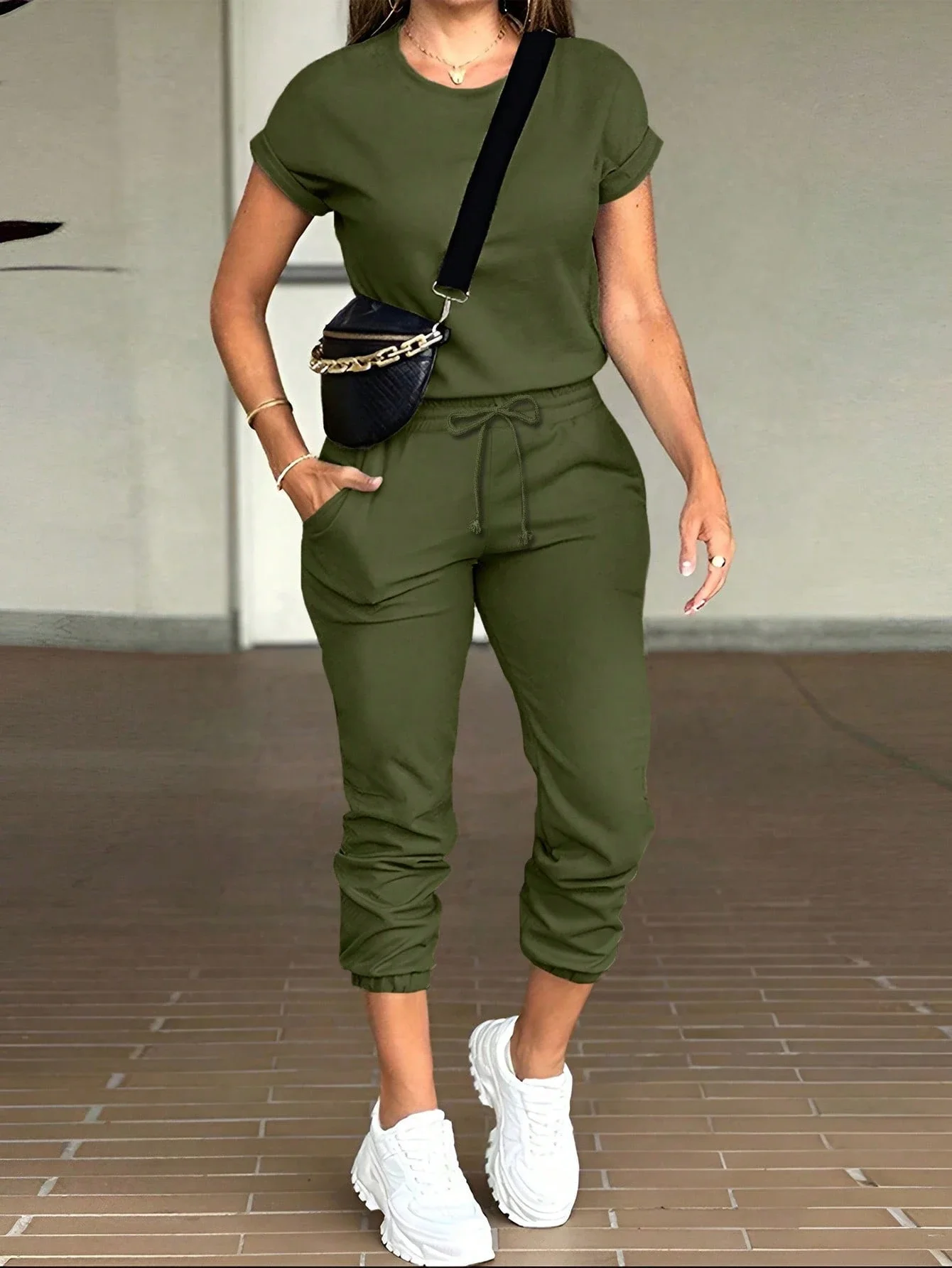 

Solid Batwing Sleeve Tee And Drawstring Waist Sweatpants