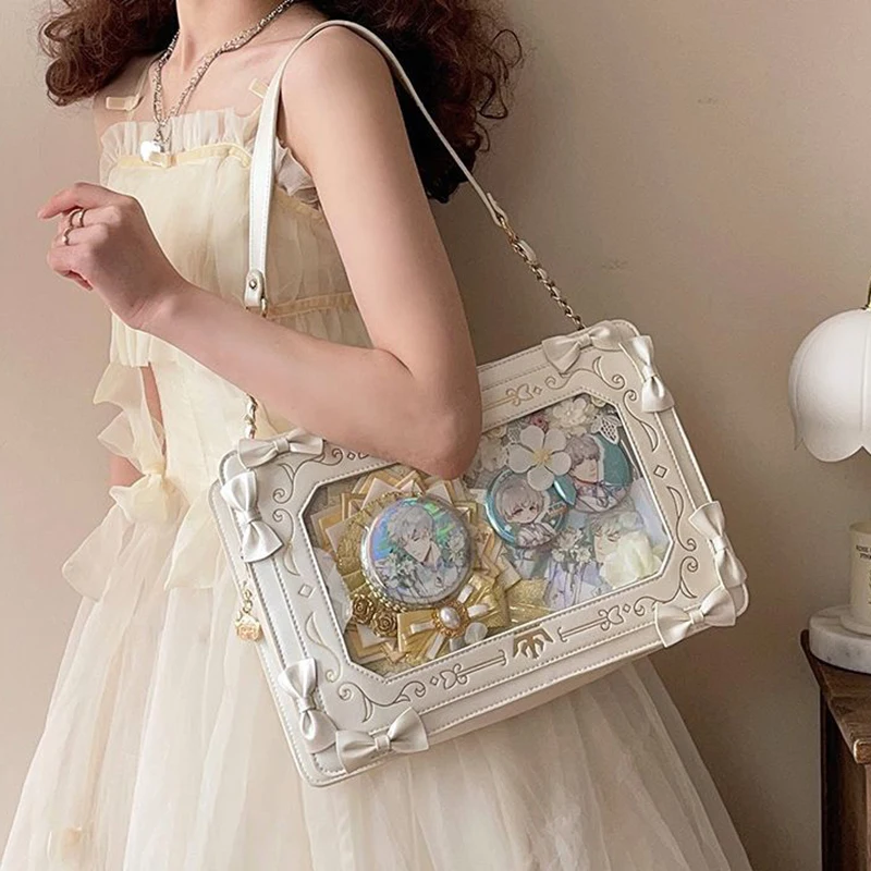 

Lolita Women Ita Bag Kawaii Girl Transparent Shoulder Bag JK Uniform Subculture Ctue Bow Crossbody Bag DIY Display Messenger Bag