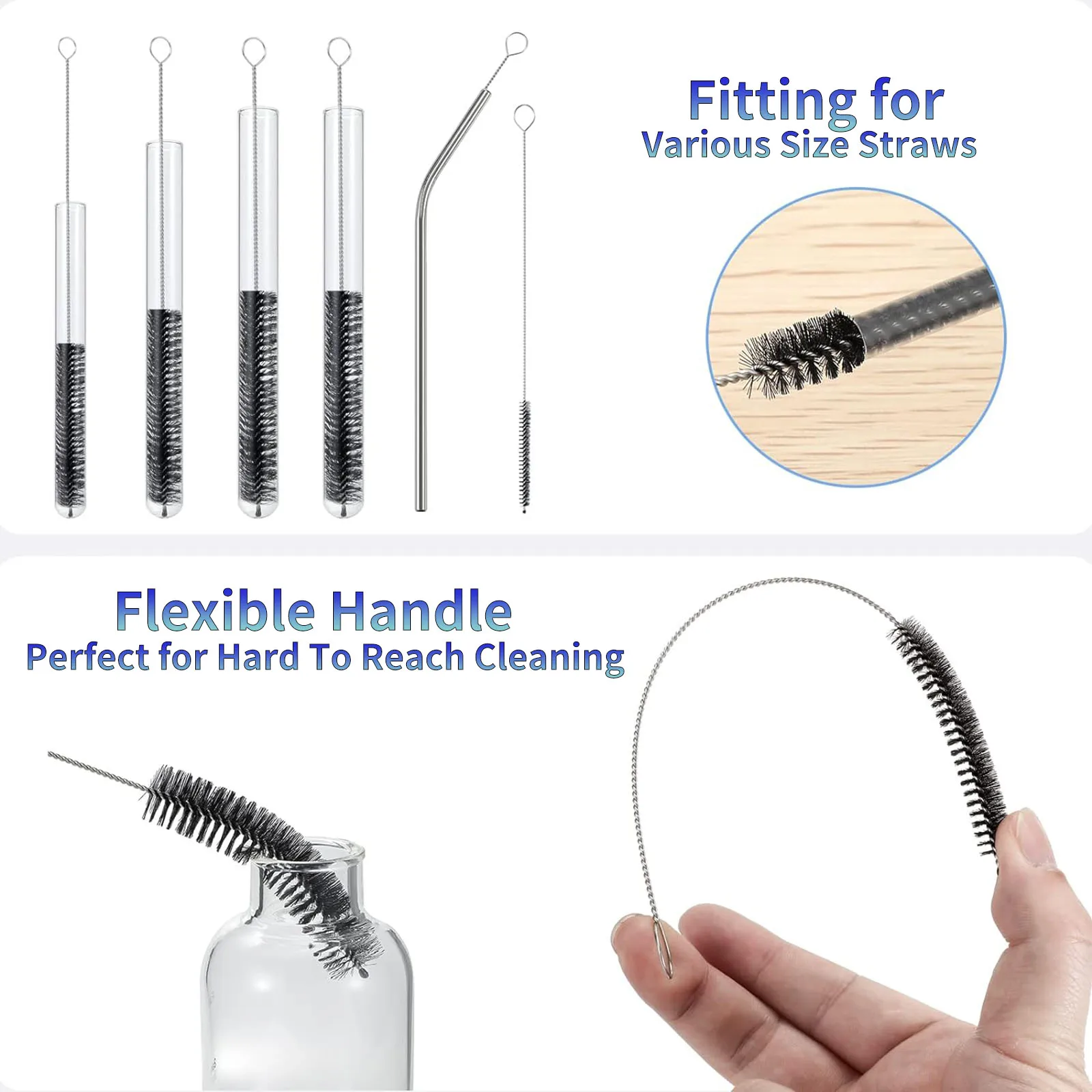 10pcs Drinking Straw Brushes Nylon Stainless Steel Cleaning Brush Reusable Long Handle Straw Brush for Straws Bottles Teapots