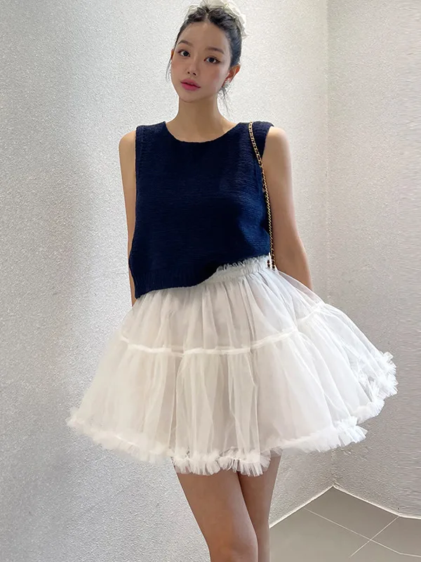 バレエ風ハイウエストチュールパフハーフスカート レディース 2025年春新作 Aライン着痩せ効果のある優しいショートスカート オンライン限定