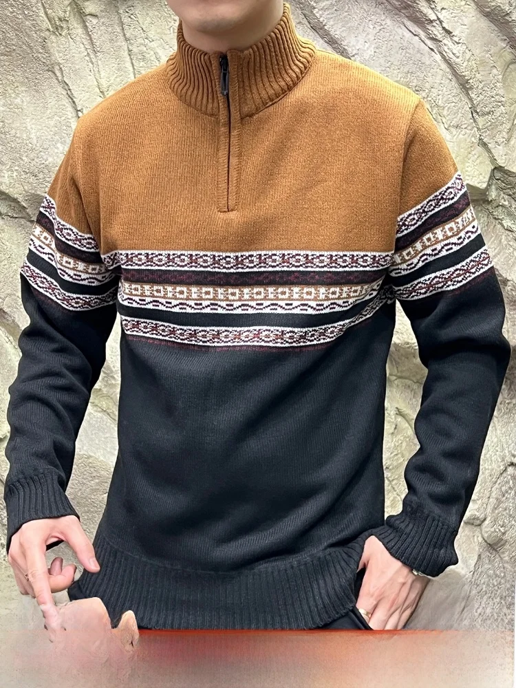 

Теплый вязаный свитер на подкладке Fce, модный этнический мужской свитер с длинным светом и воротником-стойкой, модное осеннее новое поступление