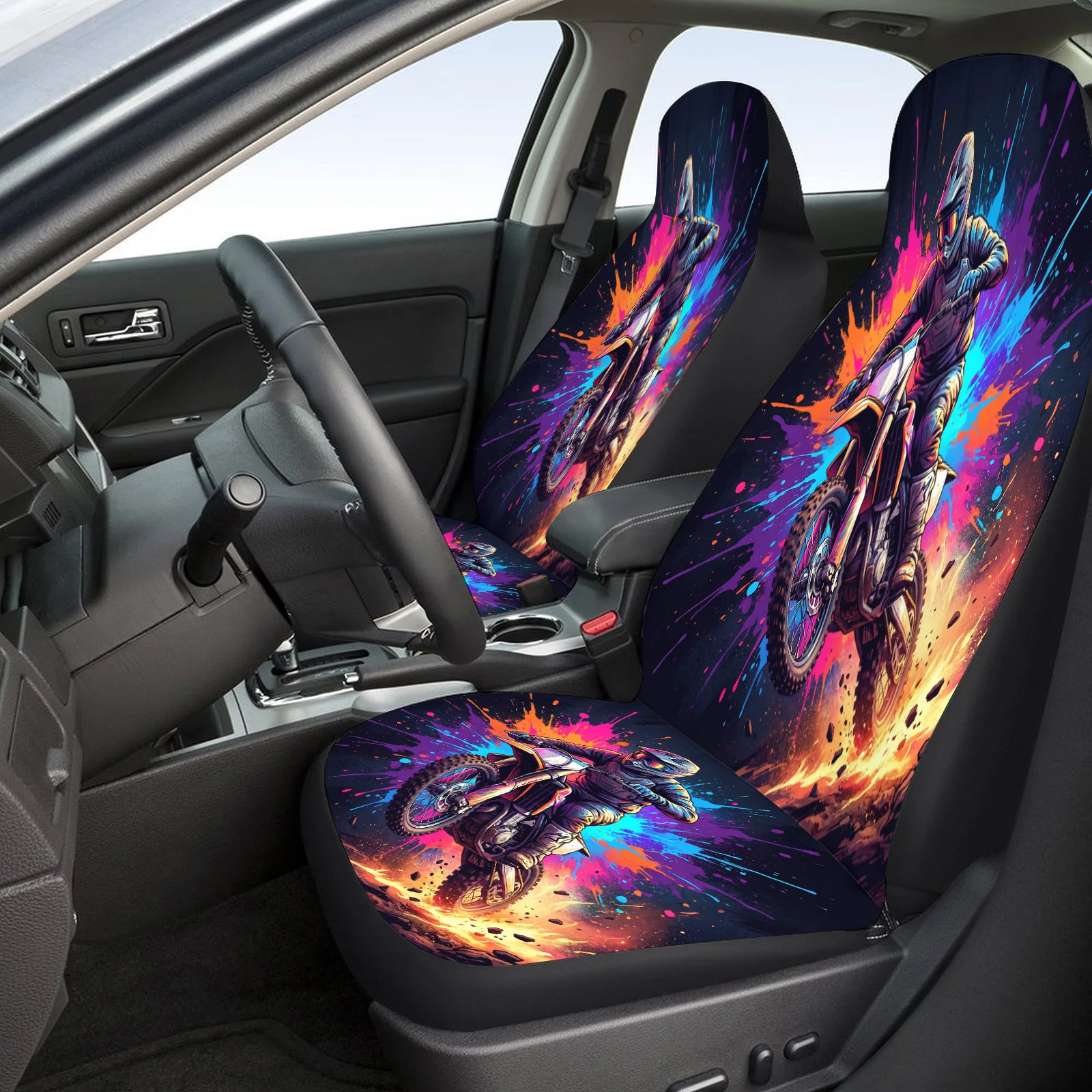 Motorcycle Rider Themed Car Seat Cover Set For Most Cars Trucks, Trendy Breathable Car Seat Protector Covers Full Set, Universal