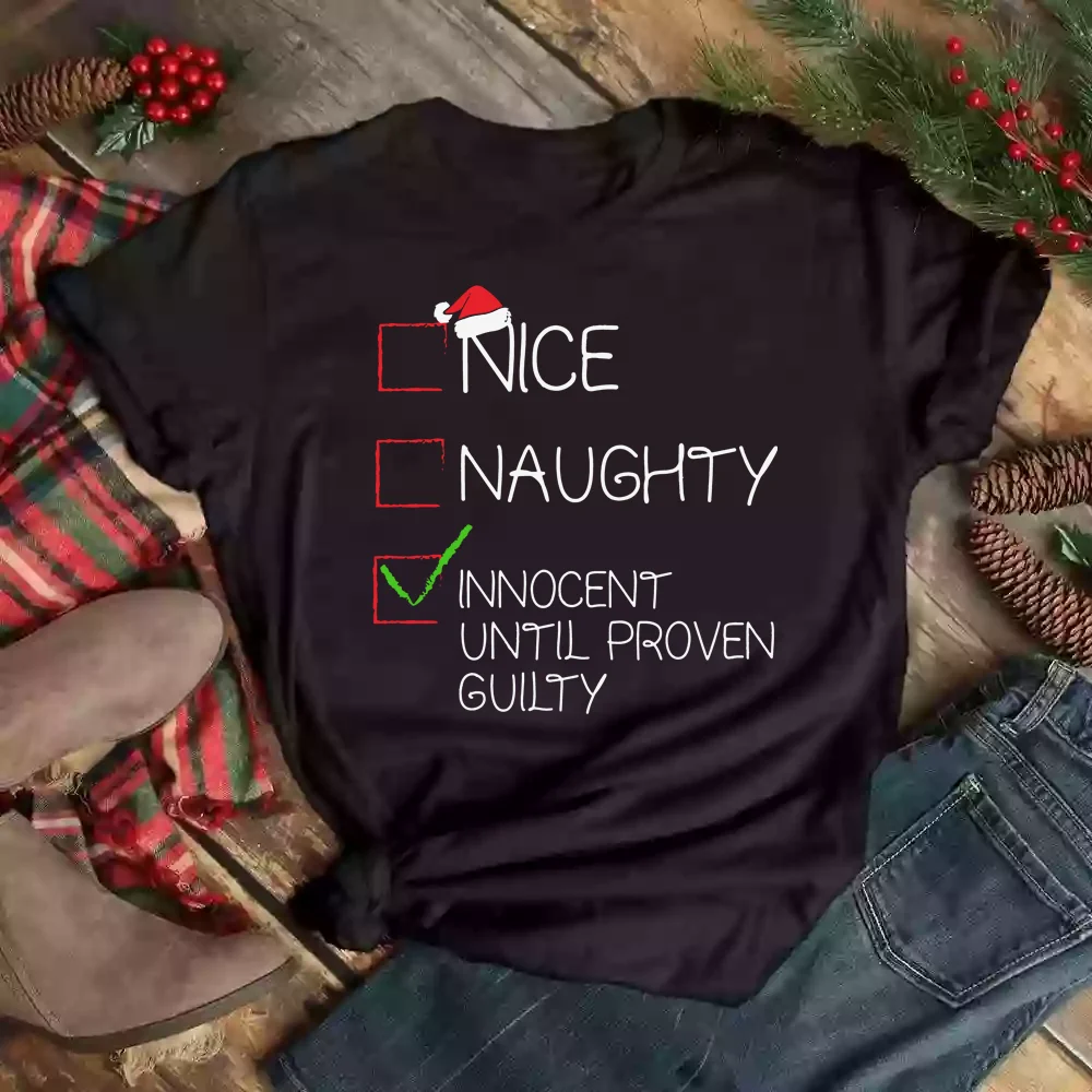 Nice Naughty Christmas Cartoon Letter Print T-shirt Casual Short Sleeve Crew Neck Summer Top Women's Clothing