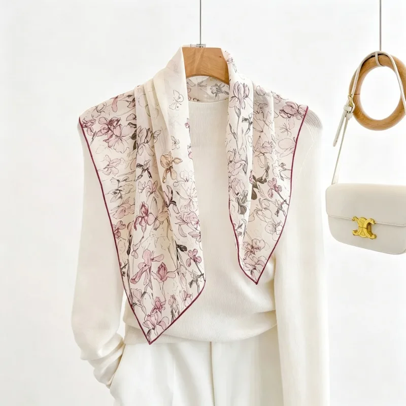 100% Mulberry Silk 70x70cm Hand Drawn Pink Floral Butterfly Square Scarf White Base Neck Head Bandana Fresh Women Travel Gift