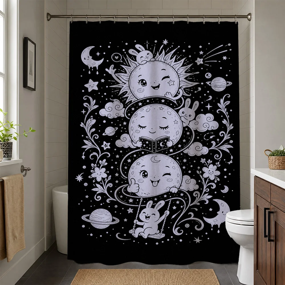 Waterproof Celestial Shower Curtain Black Background Moon Sun Star Planets Space Nursery Boho Decor Cute Kids Bathroom Accessori