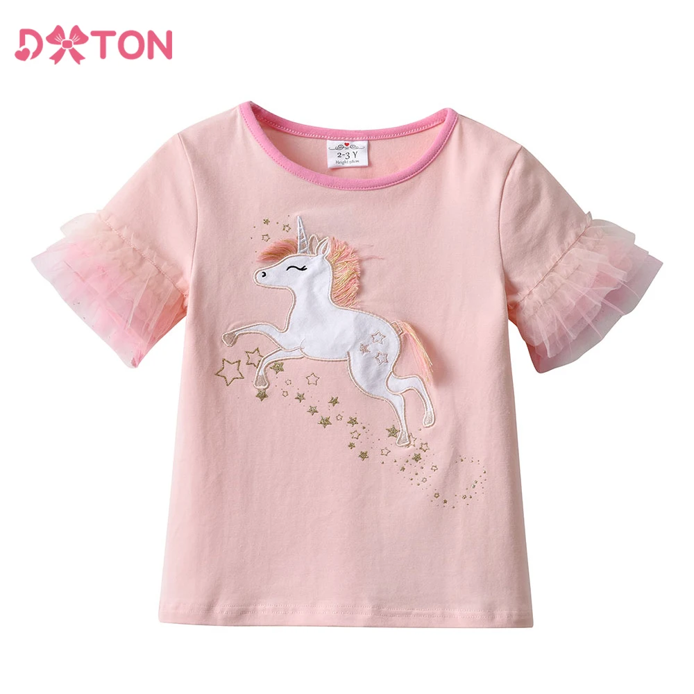 DXTON Toddler Baby Girls Clothes Summer Short Puff Sleeve Kids T Shirt Unicorn Print Tops Applique Children  Tees For Girls 3-8Y