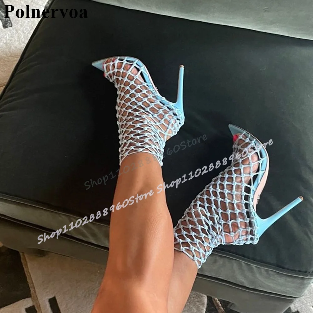 

Sexy Light Blue Fishnet Pointy Sandals Stilettos High Heel Shoes For Women Slip On Pointed Toe Occidental Style Women Sandals