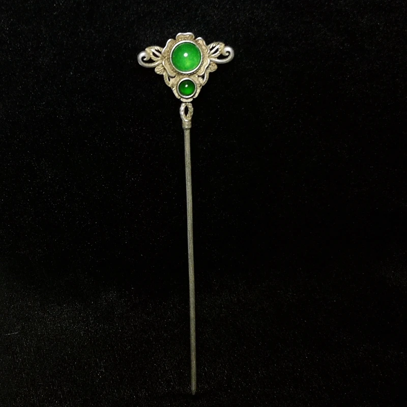 YIZHU CULTUER ART Size 7.5 Inch Old Chinese Tibet Silver Handmade Flower Inlay Jade Hairpin Collection