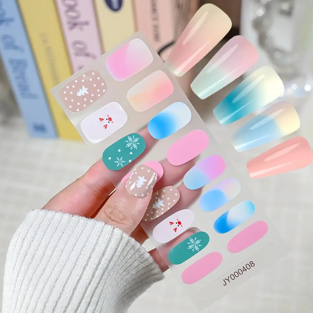 16Tips/Sheet Christmas Snowflake Elk Xmas Tree Gel Nail Stickers Semi-Cured Full Cover Nail Wraps UV Lamp Winter Nails Decals NL