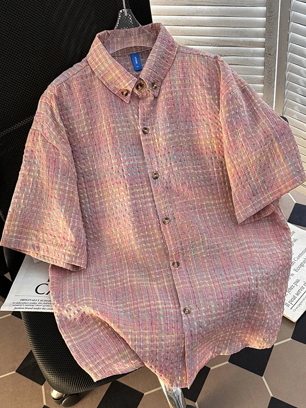 

Летняя тонкая рубашка в клетку с коротким рукавом, повседневная, мужская, свободного кроя, молодежная, модная, в гонконгском и японском стиле, для подростков.