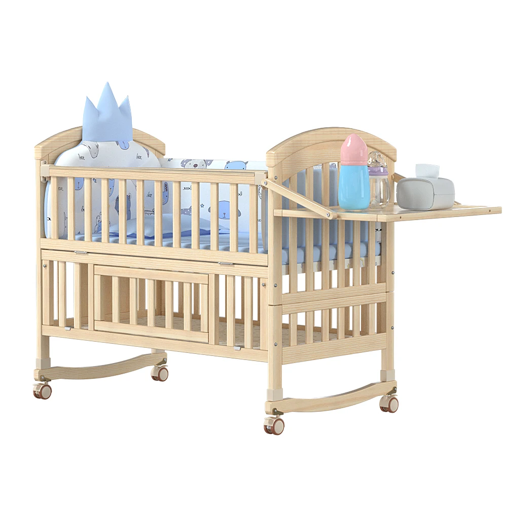 

High-quality Multifunctional Solid Wood Baby Bed Height Adjustable Baby Cot with Diaper Changing Table