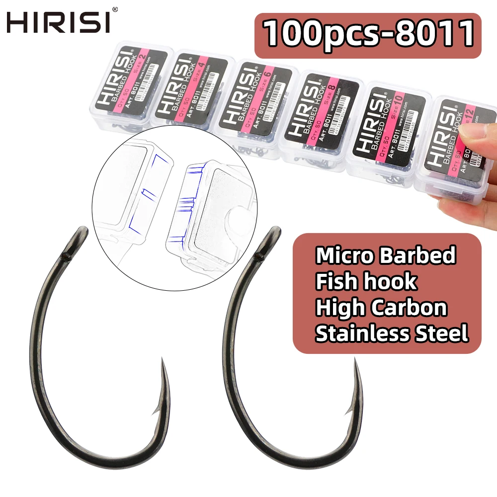 Hirisi Carp Fishing Hooks 50/100Pcs Box PTFE Coated High Carbon Steel Barbed Hook for Carp Fishing 8011 Fishing Accessories