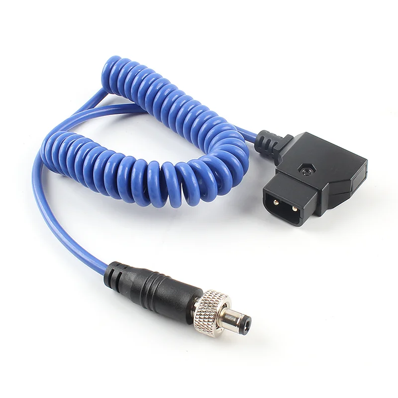 D-Tap to 5.5x2.1mm Locking DC Coiled Power Cable, Blue Spring Cord for Camera Monitor, LED Video Light, V-Mount Battery