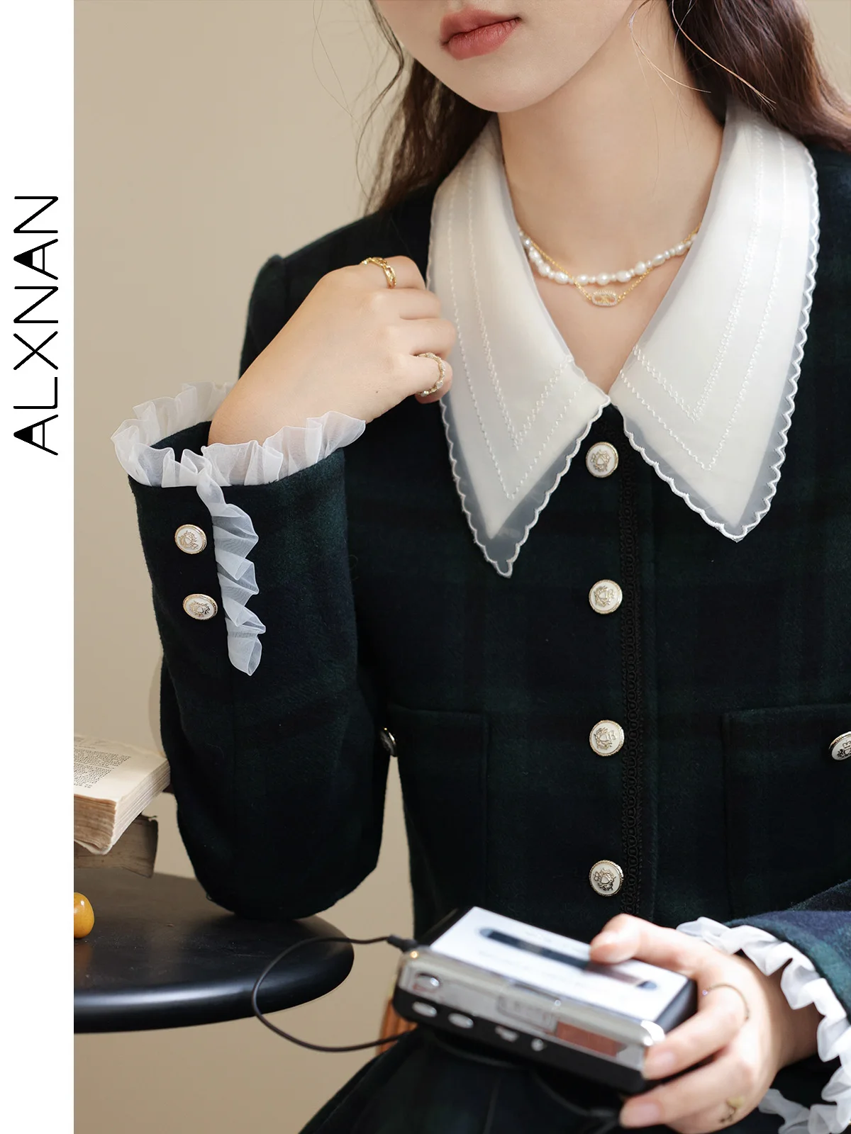 ALXNAN женская короткая куртка с лацканами и металлическими пуговицами, офисные женские куртки, осень 2022, элегантные пальто с длинными рукавами, женские LXN32066