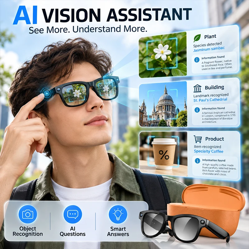 AI Smart Glasses Recording Video Camera 2026 Wireless Bluetooth Voice Assistant Control Photochromic Sunglasses Charging Case
