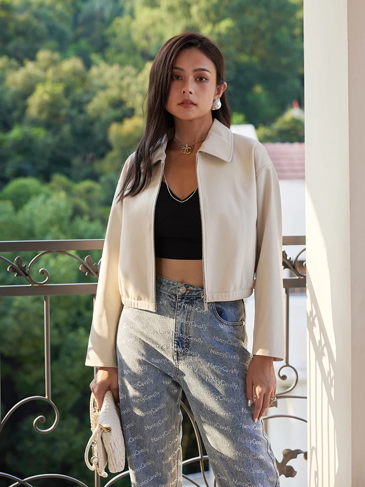 Muralnern Giacca da donna in vera pelle di pecora con colletto quadrato, vestibilità ampia, maniche lunghe, stile casual