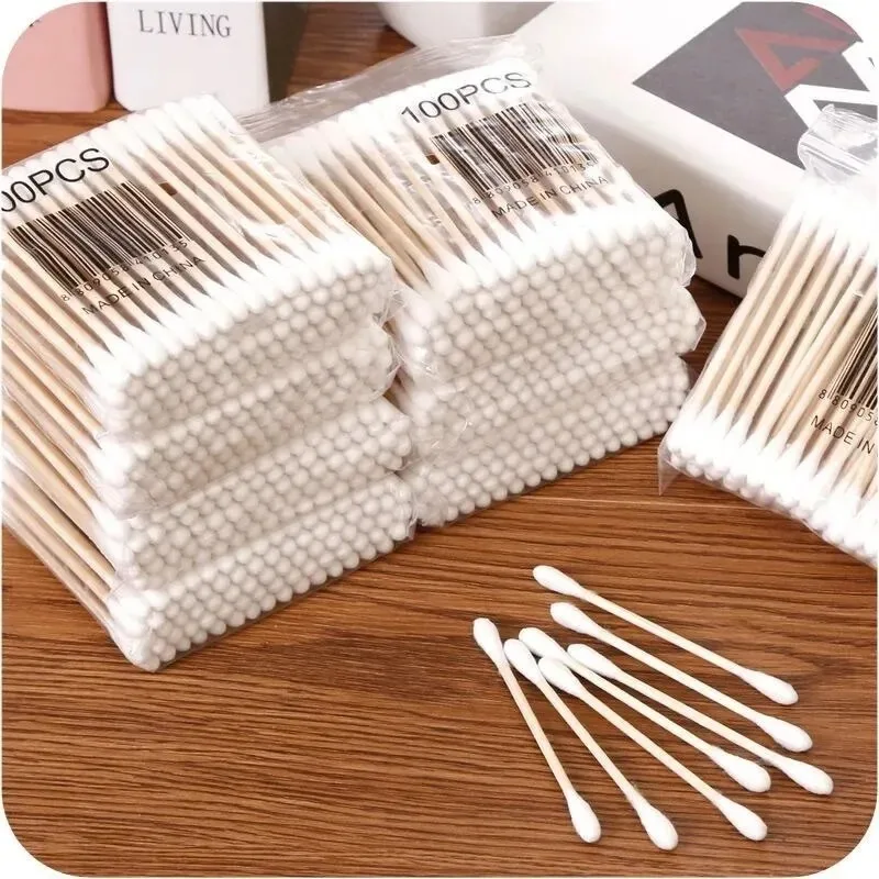200 Uds hisopos de algodón de madera de doble cabeza para limpieza de nariz y oídos herramientas de maquillaje para mujeres bastoncillos de algodón desechables accesorios de belleza