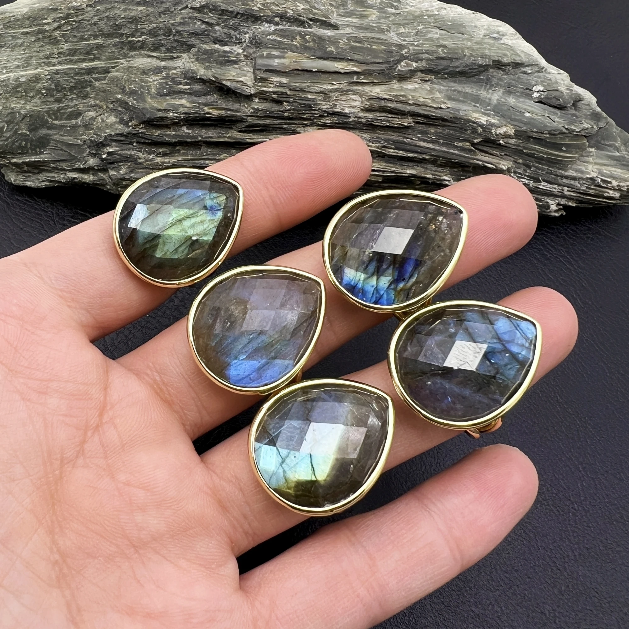 5PCS Pure Gold Color Filled Large Waterdrop Shape Faceted Natural Flash Labradorite Adjustable Ring For Women MY240311