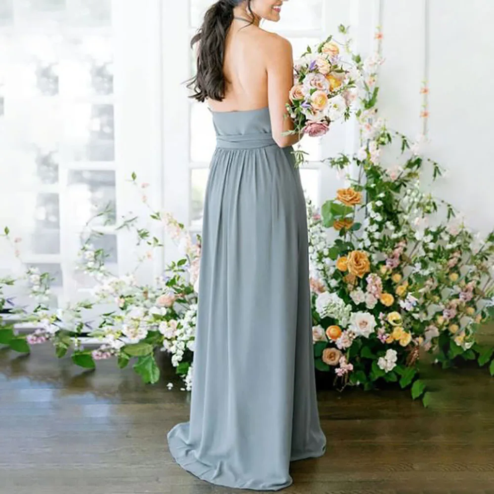 A-Line Chiffon Satin Halter Empire Neckline Sleeveless Backless Ribbon Bow Sweep Train Slit Bridesmaid Dress