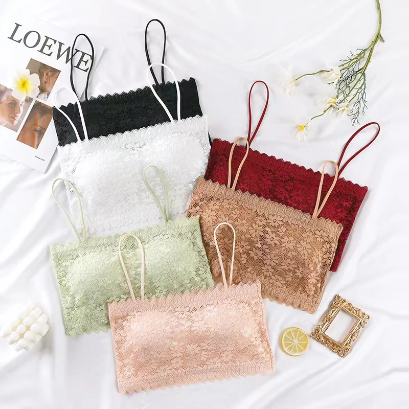 

Women Tube Tops Sexy Lace Sunflower Sling Wrapped Chest Padded Crop Top Summer Underwear Bra Spaghetti Strap Ladies Bralette Top