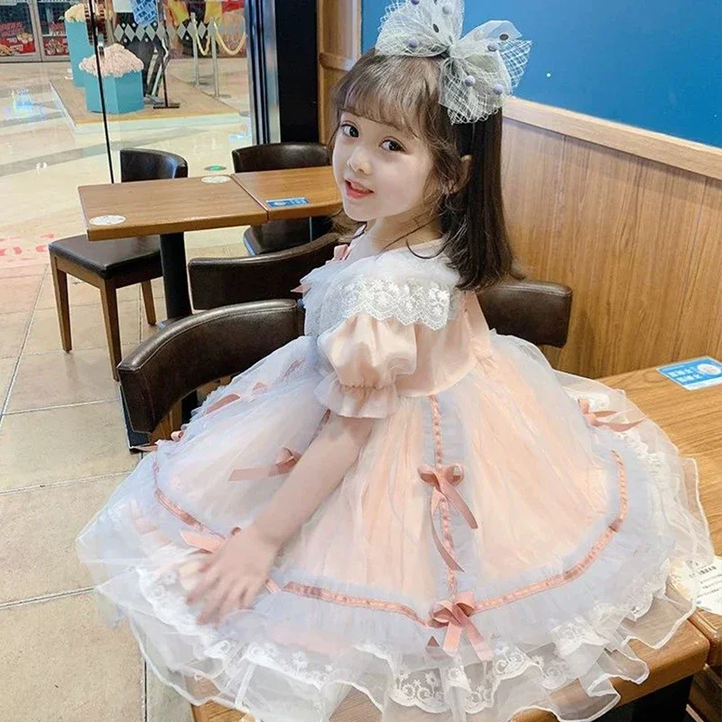 Girls Party Dress Summer Pink Elegant Princess Dress Kids Bow Lace Birthday Party Clothes 1-8 Years Lolita Pompon Dress