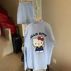 Hello Kitty Melody Casual Stripe Shirt Anime Cartoon Sanrio Girls Shirt Shorts Long-Sleeved Shirt Student Cotton Tops Home Sleep