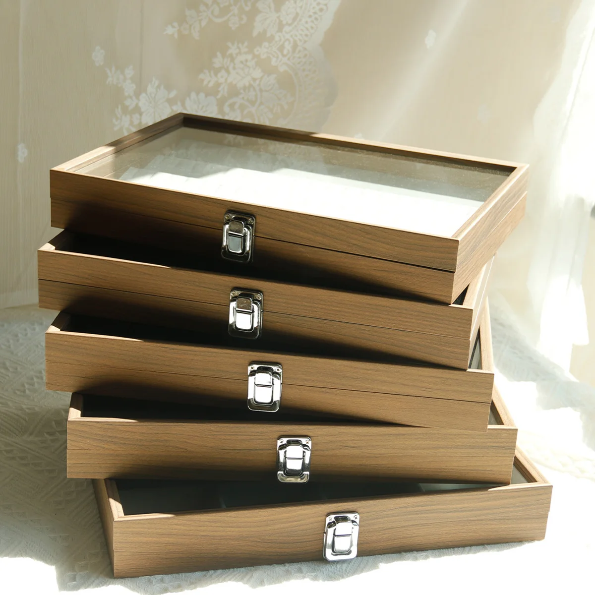 クルミ材木目調ジュエリーボックス、指輪、ネックレス、イヤリング収納オーガナイザーボックス、ブレスレット、ハンドチェーン、ジュエリー収納