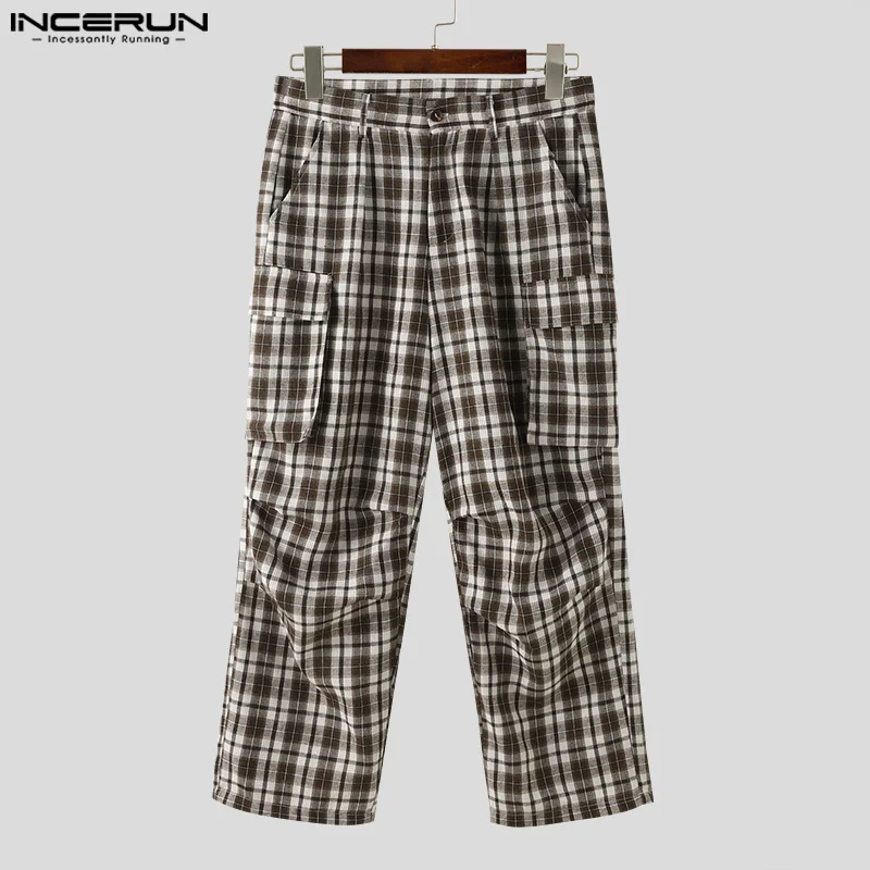 INCERUN-Pantalones largos de estilo americano para hombre, pantalón informal, a cuadros, con bolsillos, S-5XL, 2024