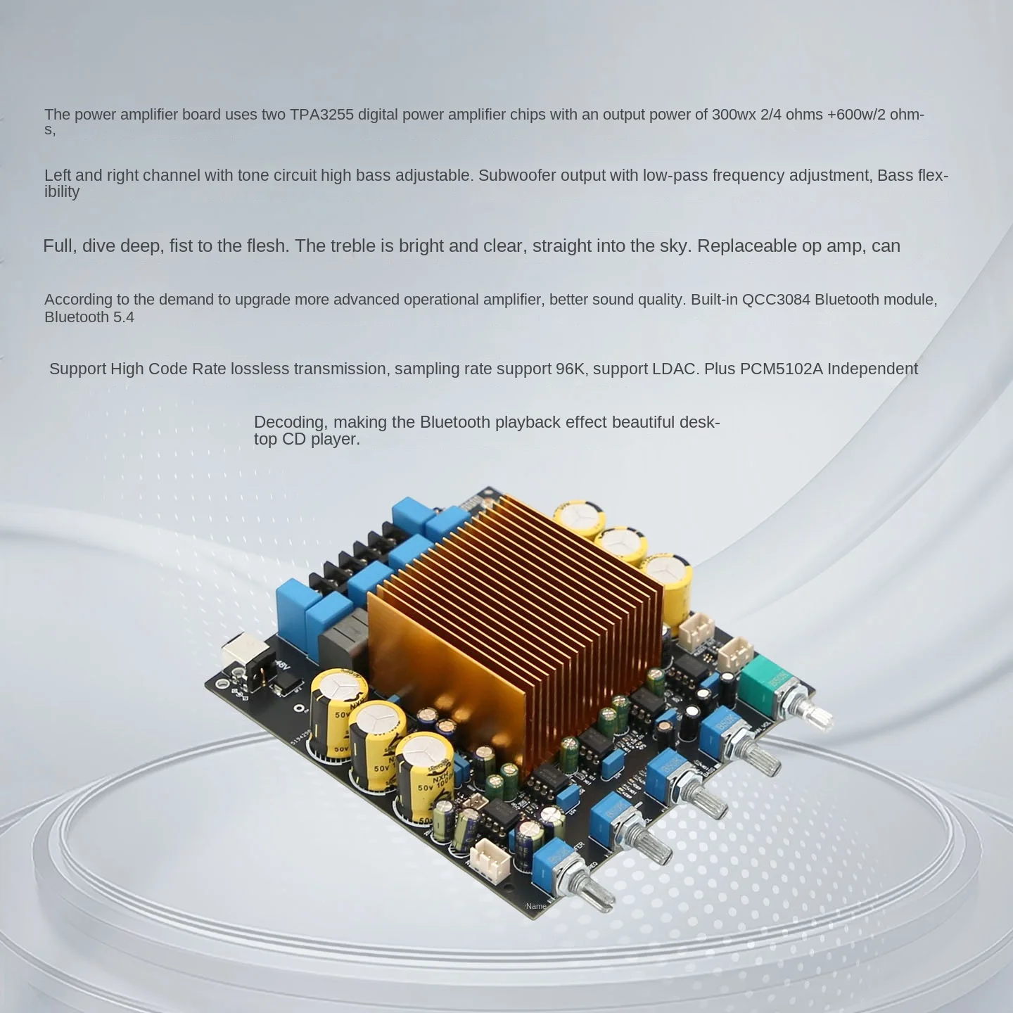 TPA3255 High-Power HIFI 2.1 Amplifier Board QCC3084 Bluetooth 5.4 Extended Bass Signal Output