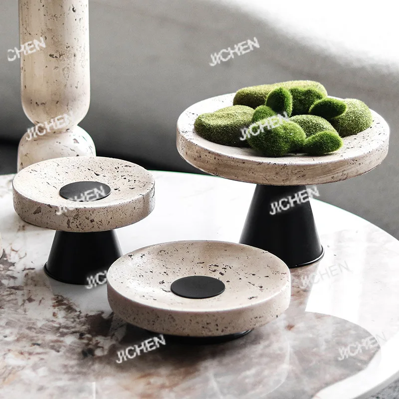 

JC light luxury high-footed round fruit plate candlestick combination ornament hotel homestay designer imitation yellow traverti