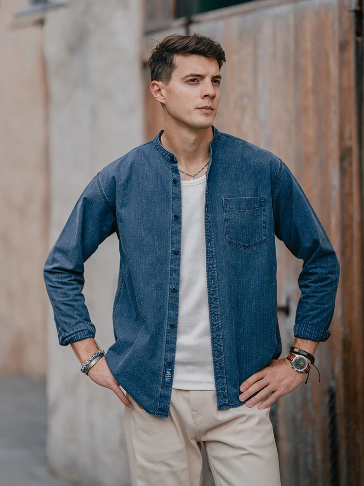 SIMWOOD Hohe Standard 2025 Frühjahr Neue Oversize Gewaschen Vintage Indigo Shirts Männer Mode Stehen Kragen 100 % Baumwolle Shirts