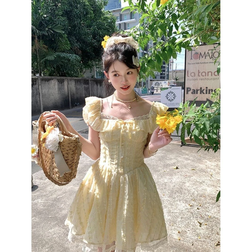 ภาษาฝรั่งเศสคําหวานดอกไม้ลูกไม้ชุดมินิผู้หญิงสไตล์ชายหาดชุดราตรีเสื้อผ้าฤดูร้อน Slim Vintage One Piece ชุดเกาหลีแฟชั่น