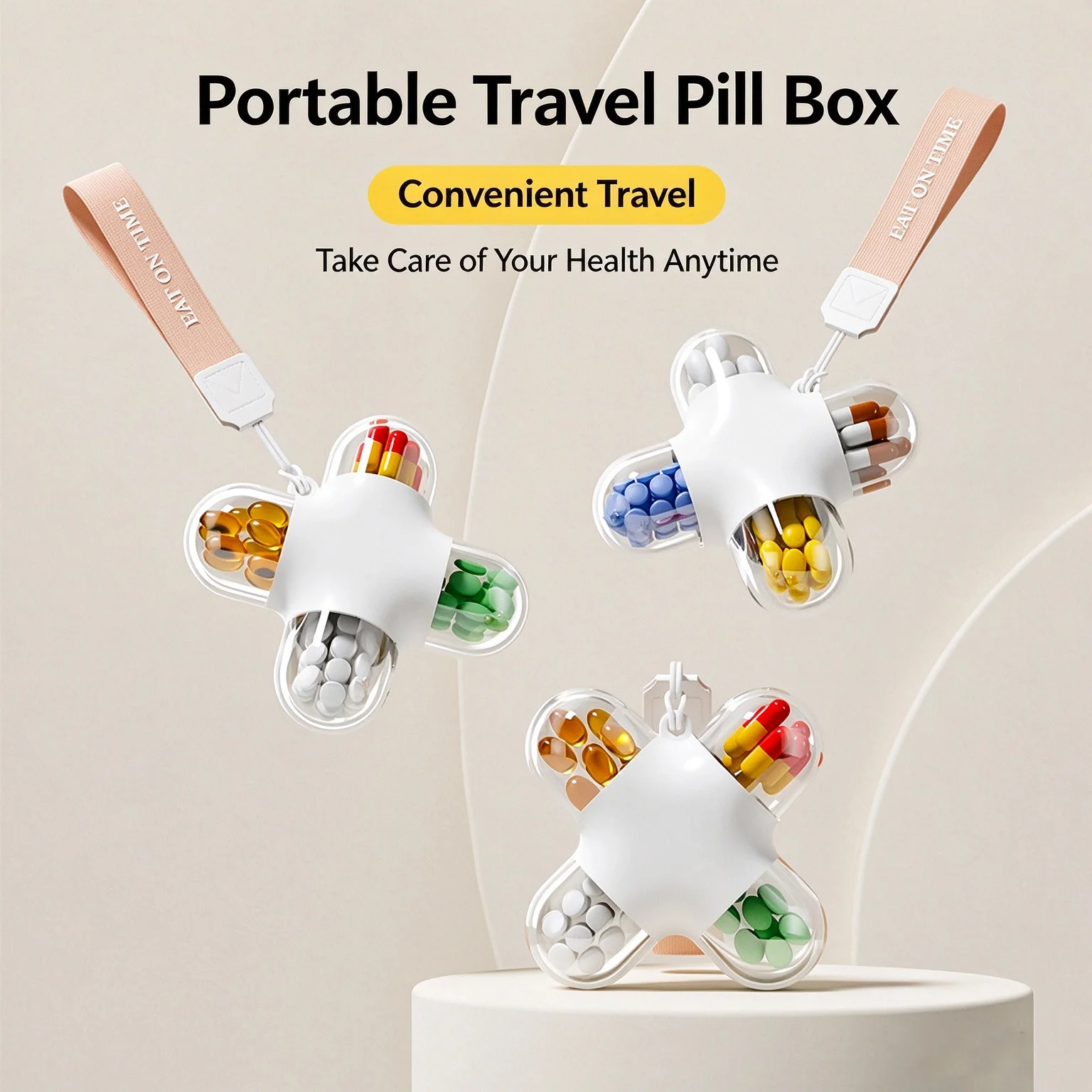 Portable Travel Pill Box Moisture Proof Mini Medicine Organizer with Lanyard Daily 4 Compartment Pill Container for Outdoor